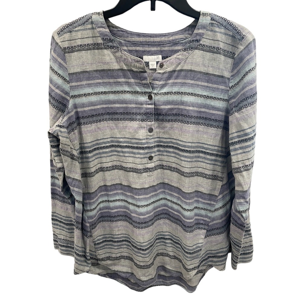 J.Jill Gray Blue Stripe Popover Blouse Sz S Woven Cotton Top SI52